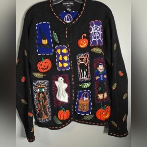 Hampshire Studio Boo Black Halloween Patchwork Cardigan Sweater